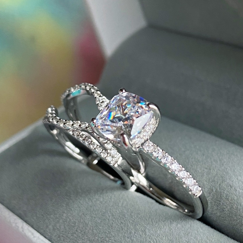 💖2ct cushion cut engagement ring double wedding bands set promise vacation ring